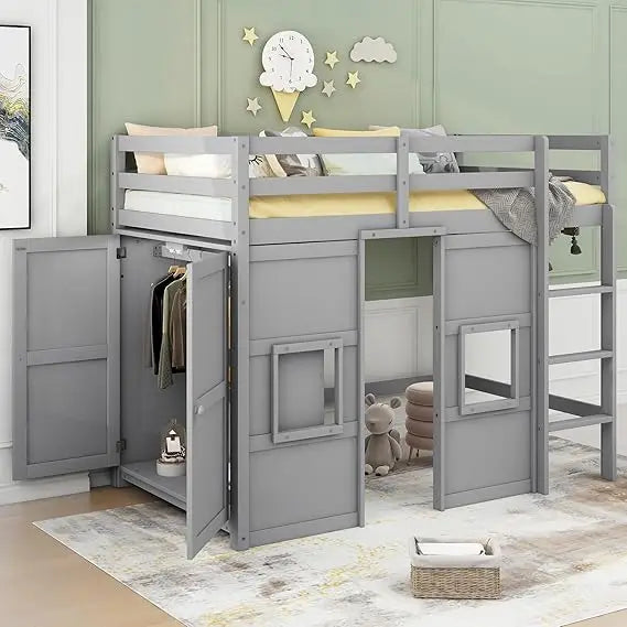 Playhouse Design Loft Bed With Built In Storage Wardrobe And Windows