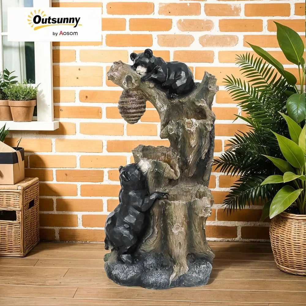 Outdoor 3-Tier Water Fountain With LED Bears Beehive Tree