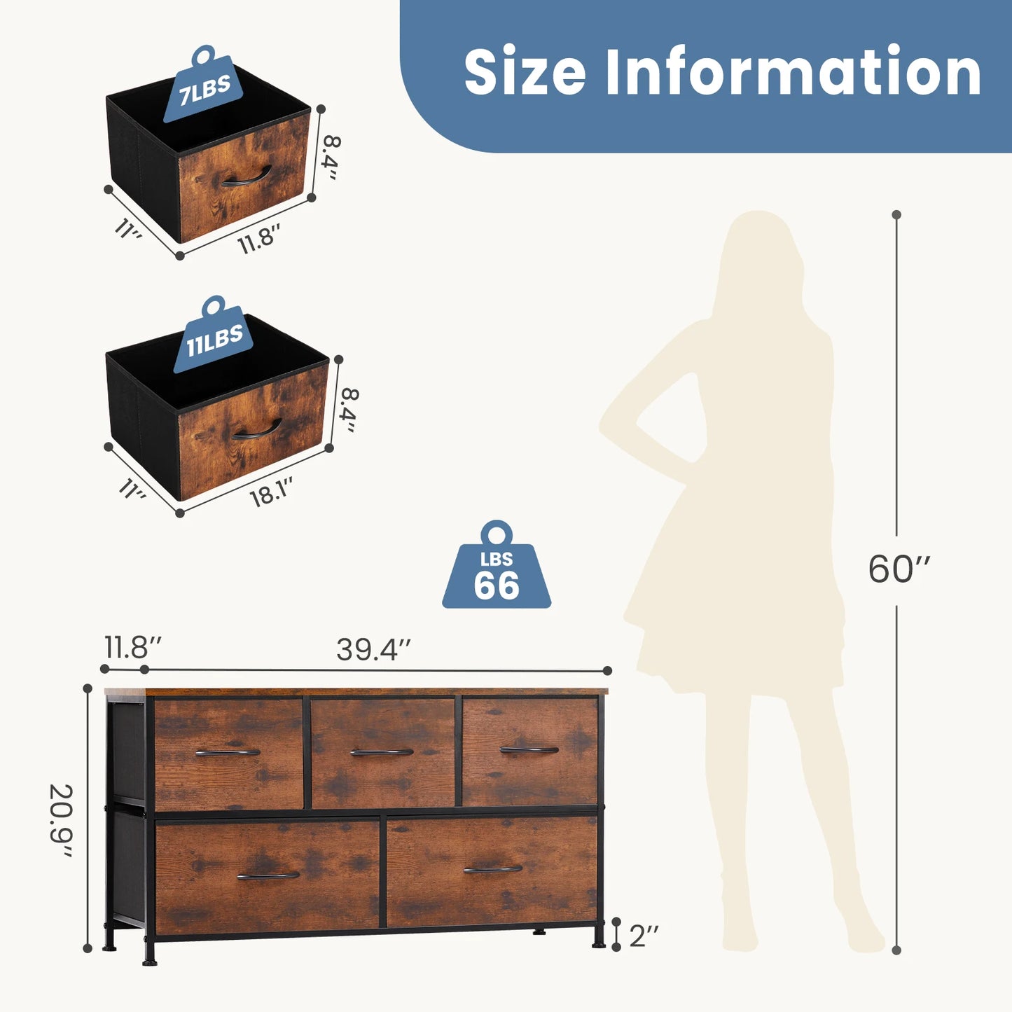 JHK Modern Living Room Display Cabinet With Fabric Drawers