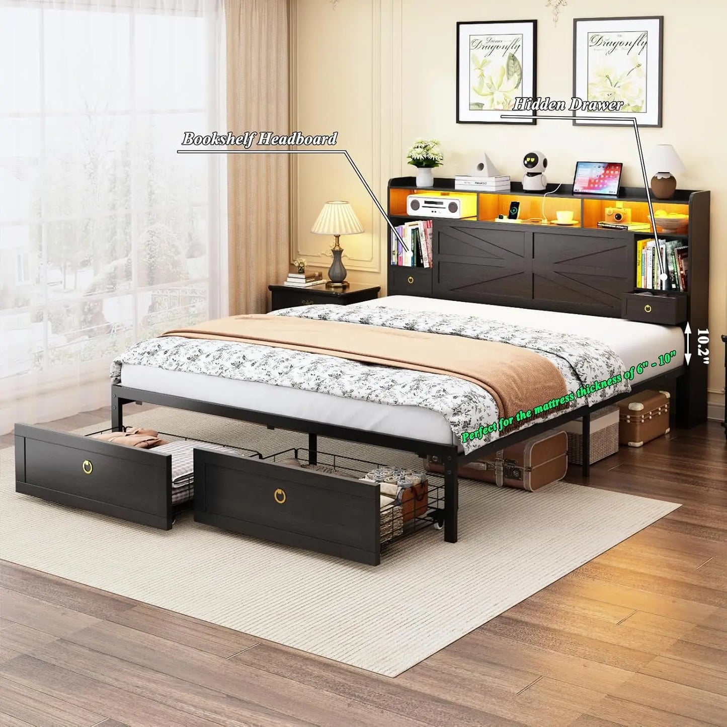 Guangbai Bed Frame With Storage Headboard Bookshelf Drawers