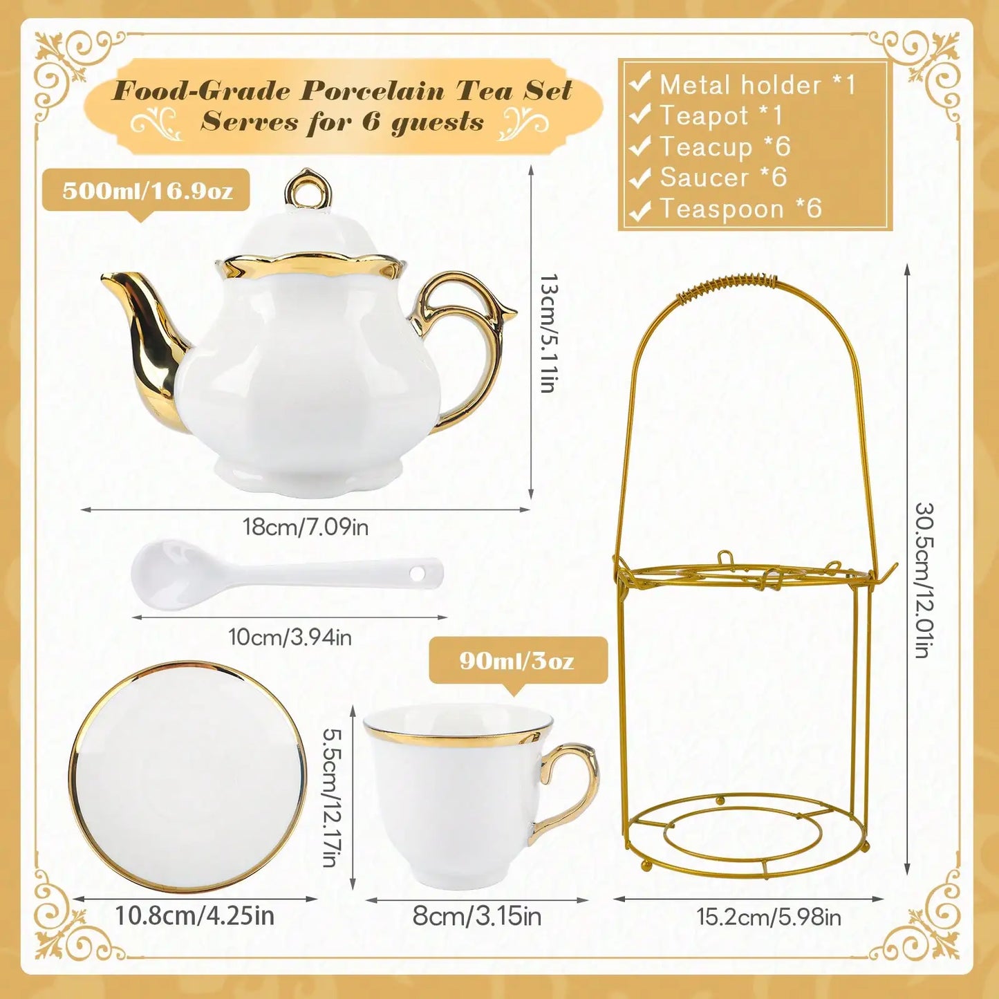 Porcelain Tea Set With Metal Holder And Gold Floral Pattern