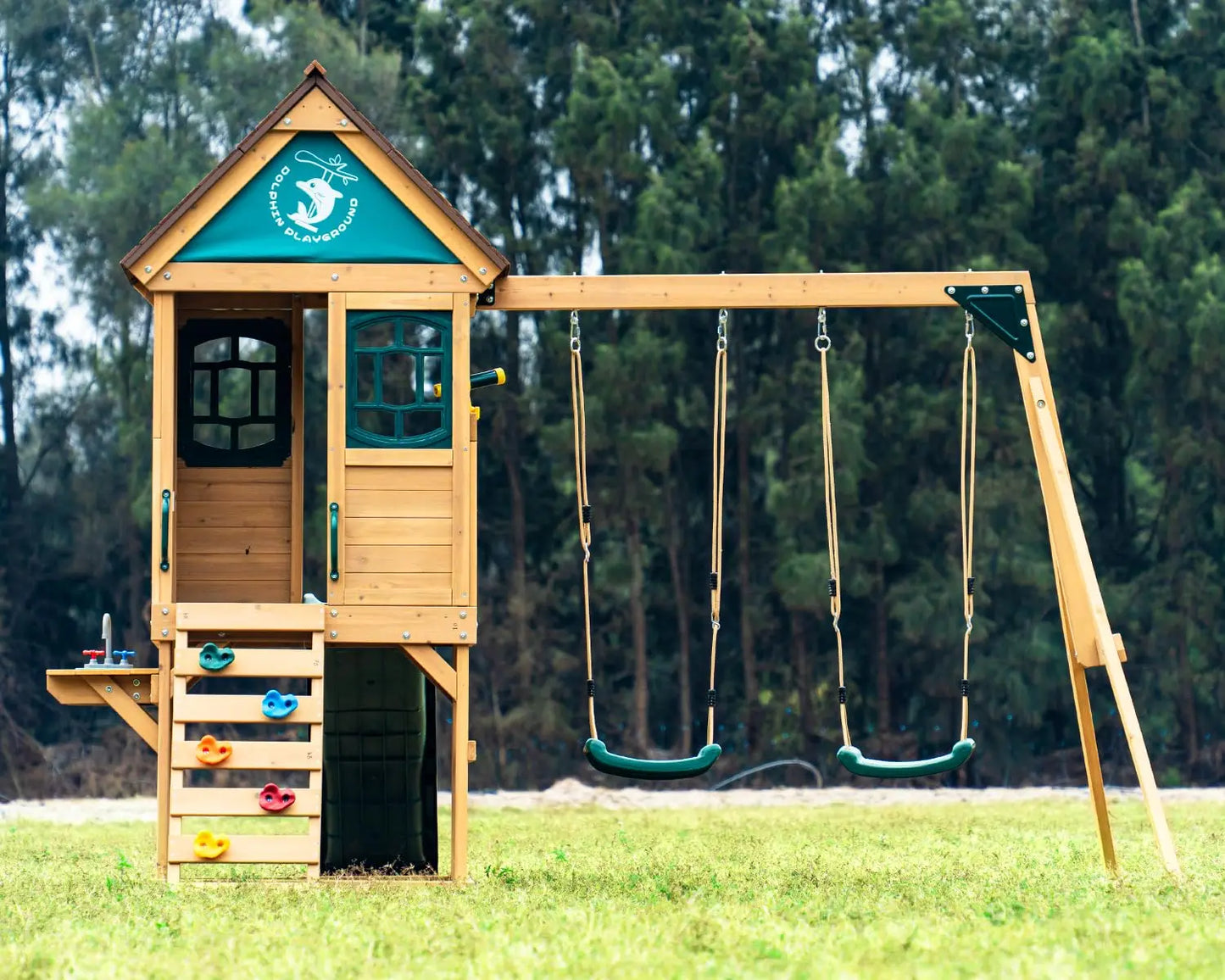 Cedar Wood Outdoor Kids Swing Set With Wave Slide Backyard