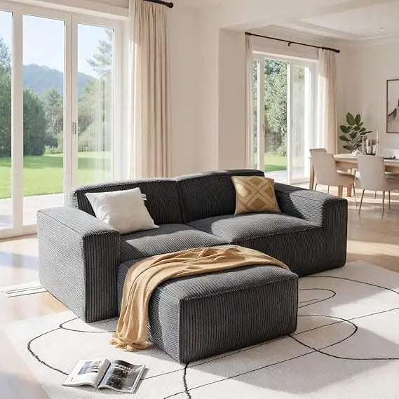 L Shaped Modular Sofa In Corduroy Fabric With High Back