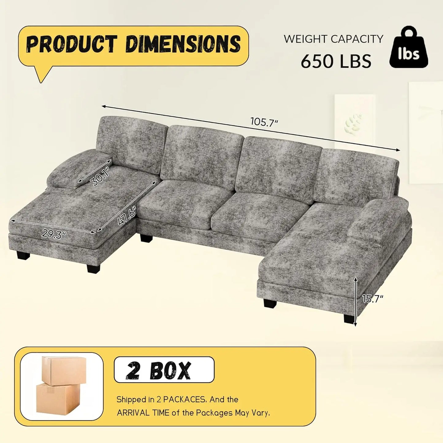 XIUWO U Shaped Chenille Sectional Sofa For Small Living Room