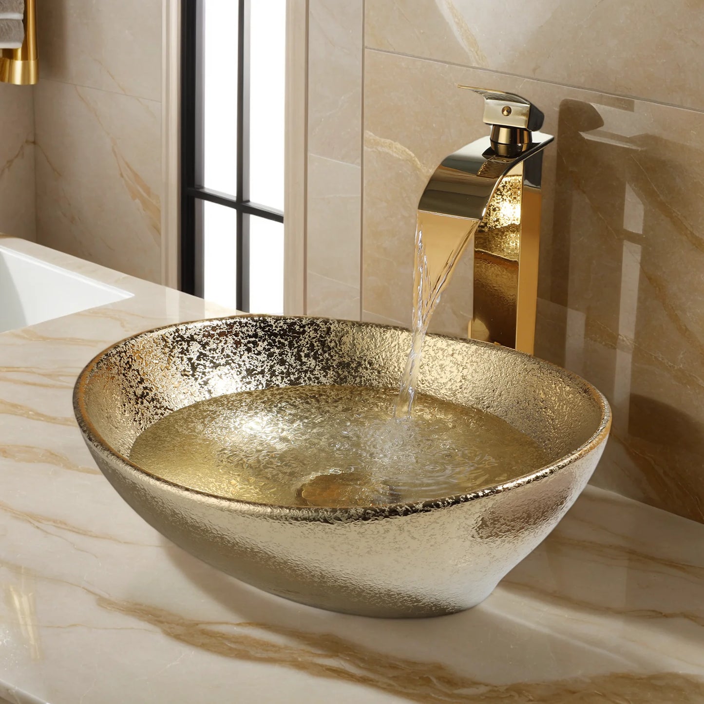 Mekhala Oval Vessel Sink With Faucet Marble Pattern Ceramic Vessel Sink
