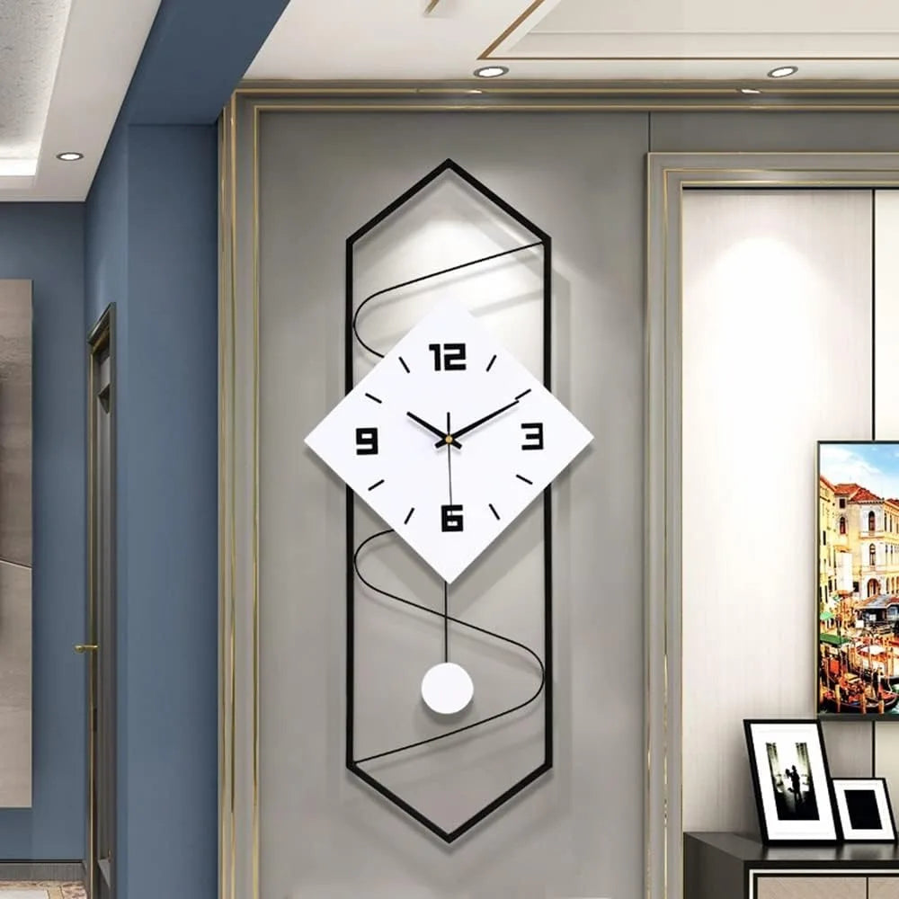 Quartz Silent Wall Clock With Pendulum Metal Frame Home Decor