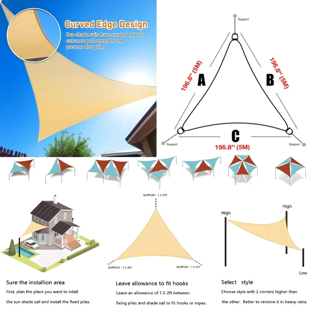 Triangle Sun Shade Sail Canopy UV Block Sunscreen Sunsail For Outdoor Patio