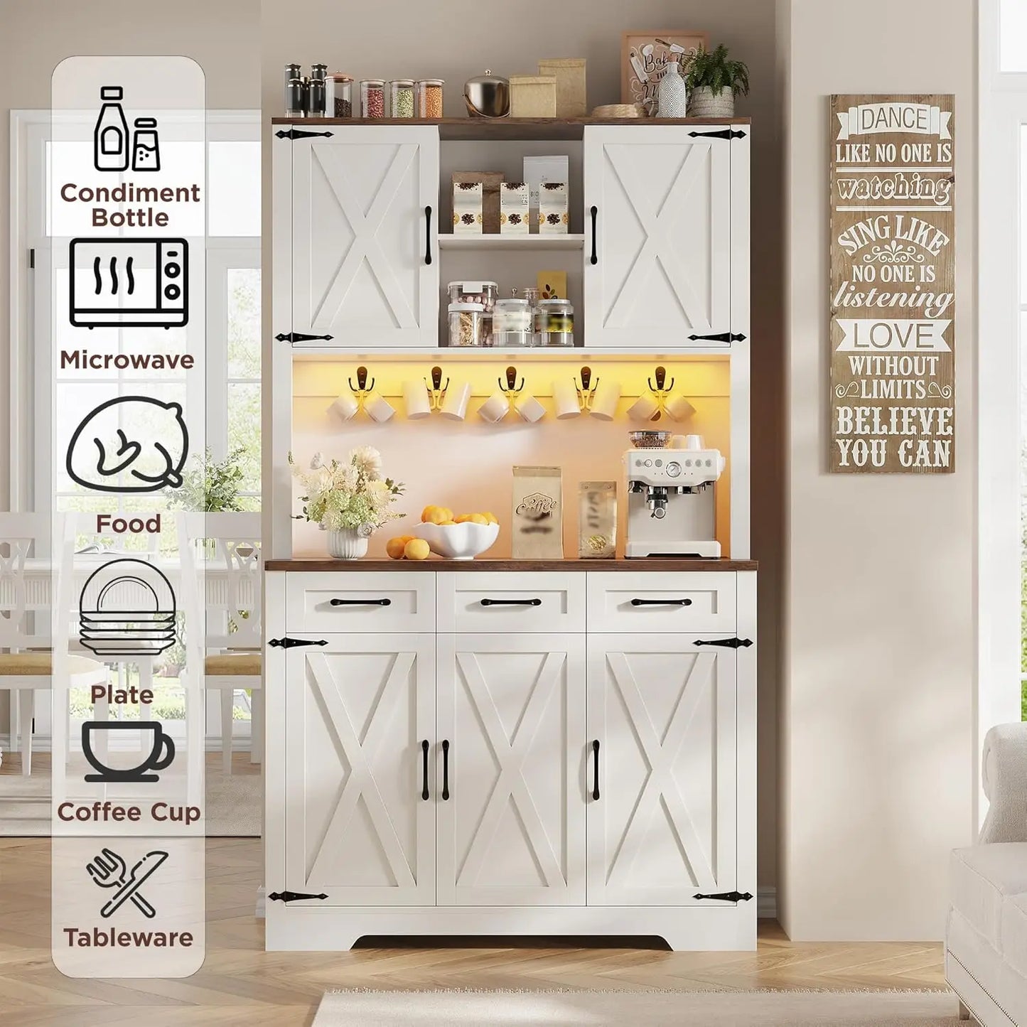 Tall Farmhouse Pantry Cabinet With LED Light And Charging Station