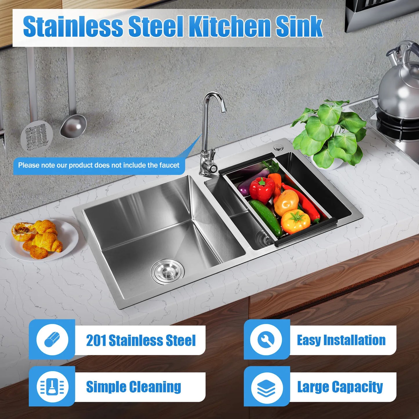 Stainless Steel Double Bowl Drop In Kitchen Sink With Noise Reduction Drainage