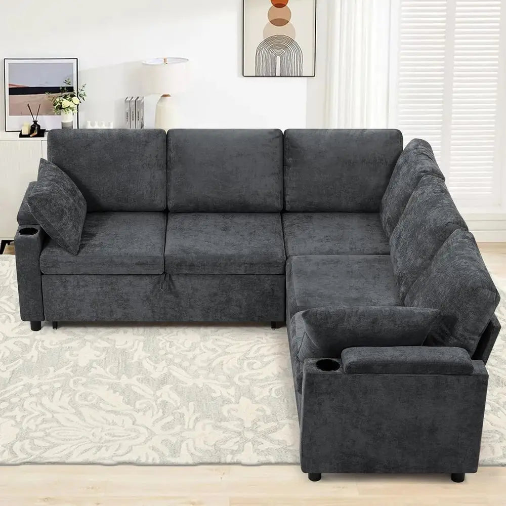 Chenille Reversible Sectional Sofa With Pull Out Bed And USB