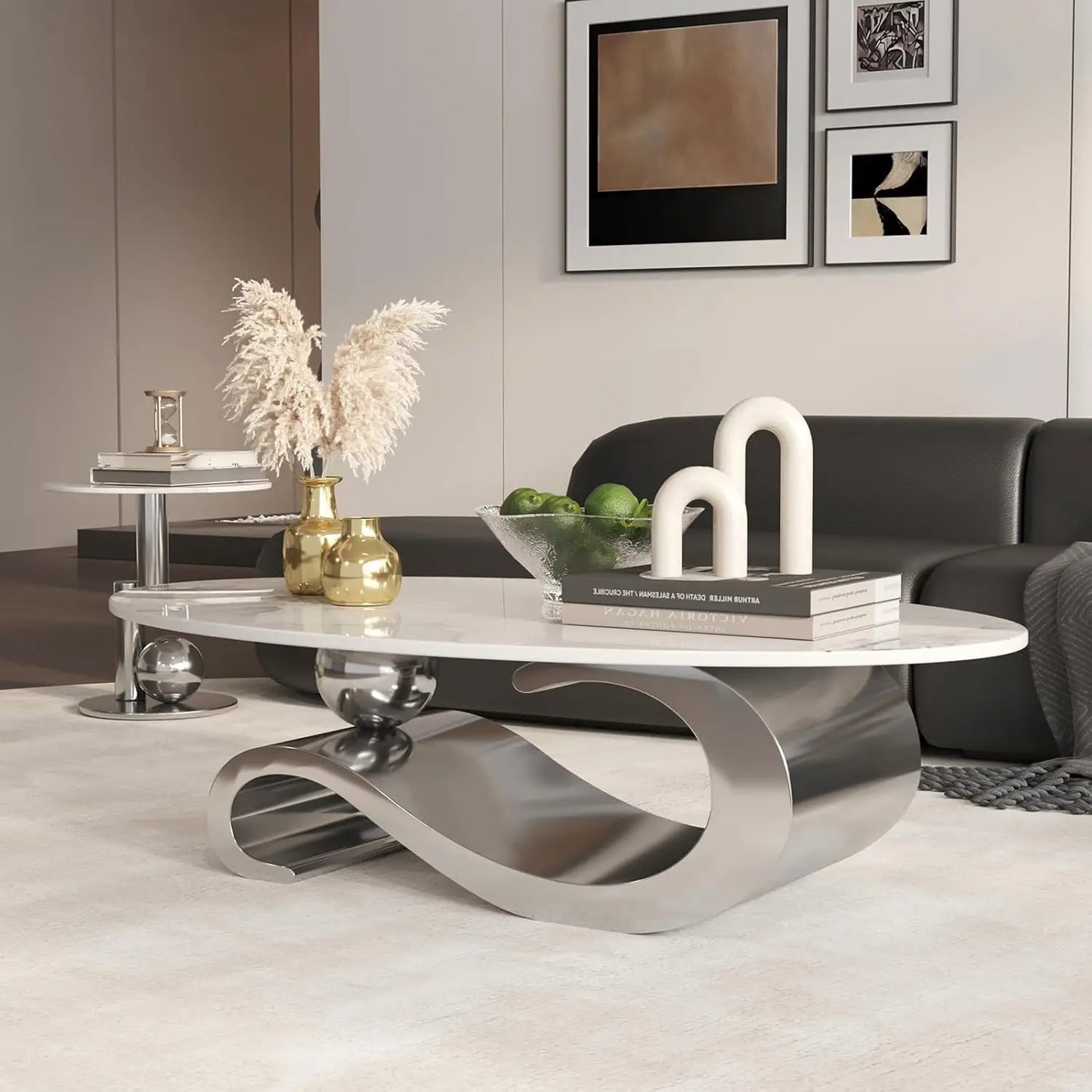 Oval Marble Coffee Table With Stainless Steel Base