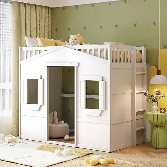 Playhouse Design Loft Bed With Built In Storage Wardrobe And Windows