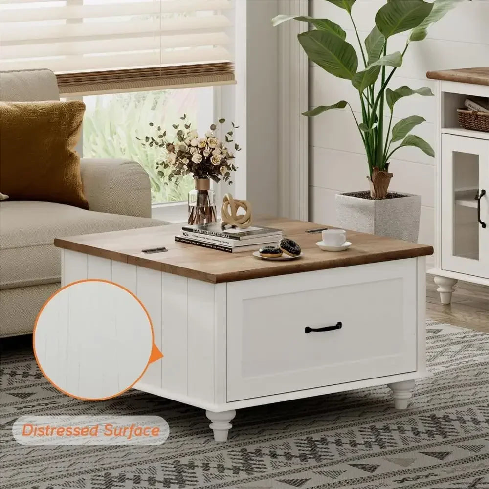 Solid Wood Lift Top Square Coffee Table With Storage Cabinet