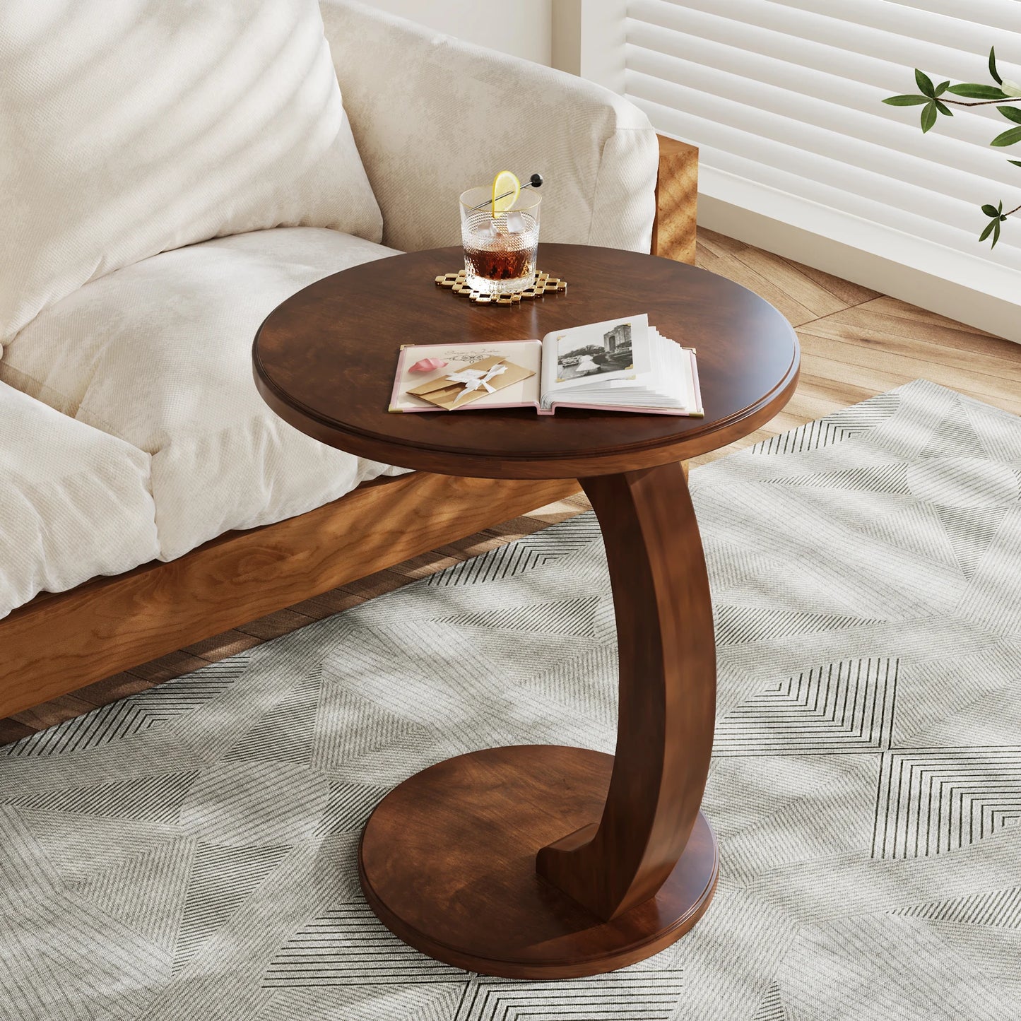 Tribesigns Round End Table Wood C Shaped Side Table Mid Century