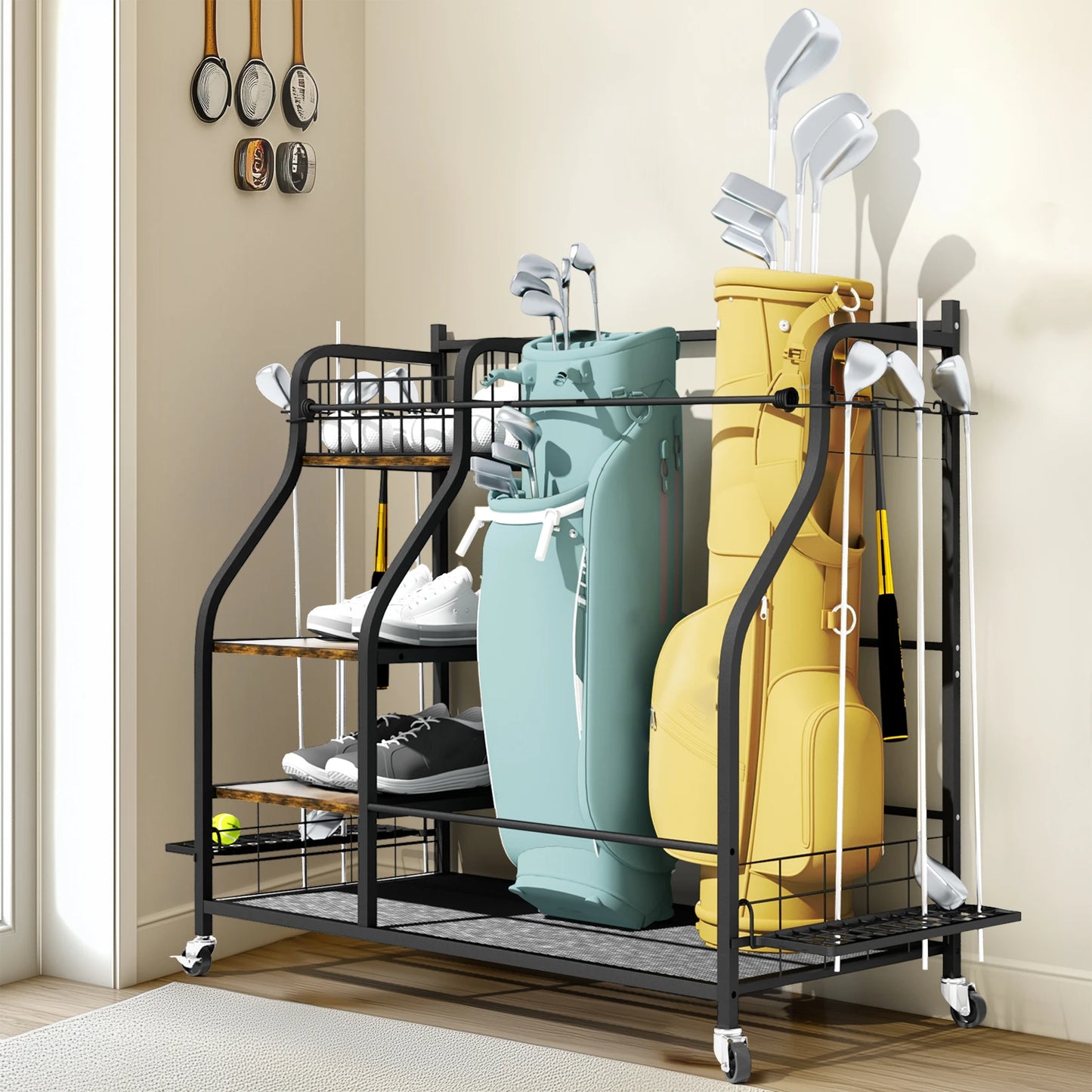 Rolling Golf Bag Storage Rack With Wheels Metal Organizer