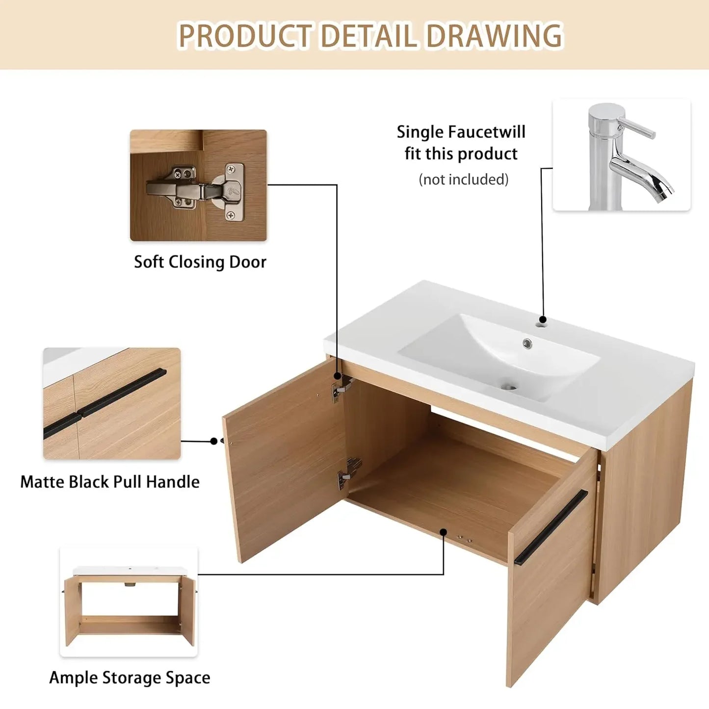 Floating Wall Mounted Vanity With Sink For Bathroom