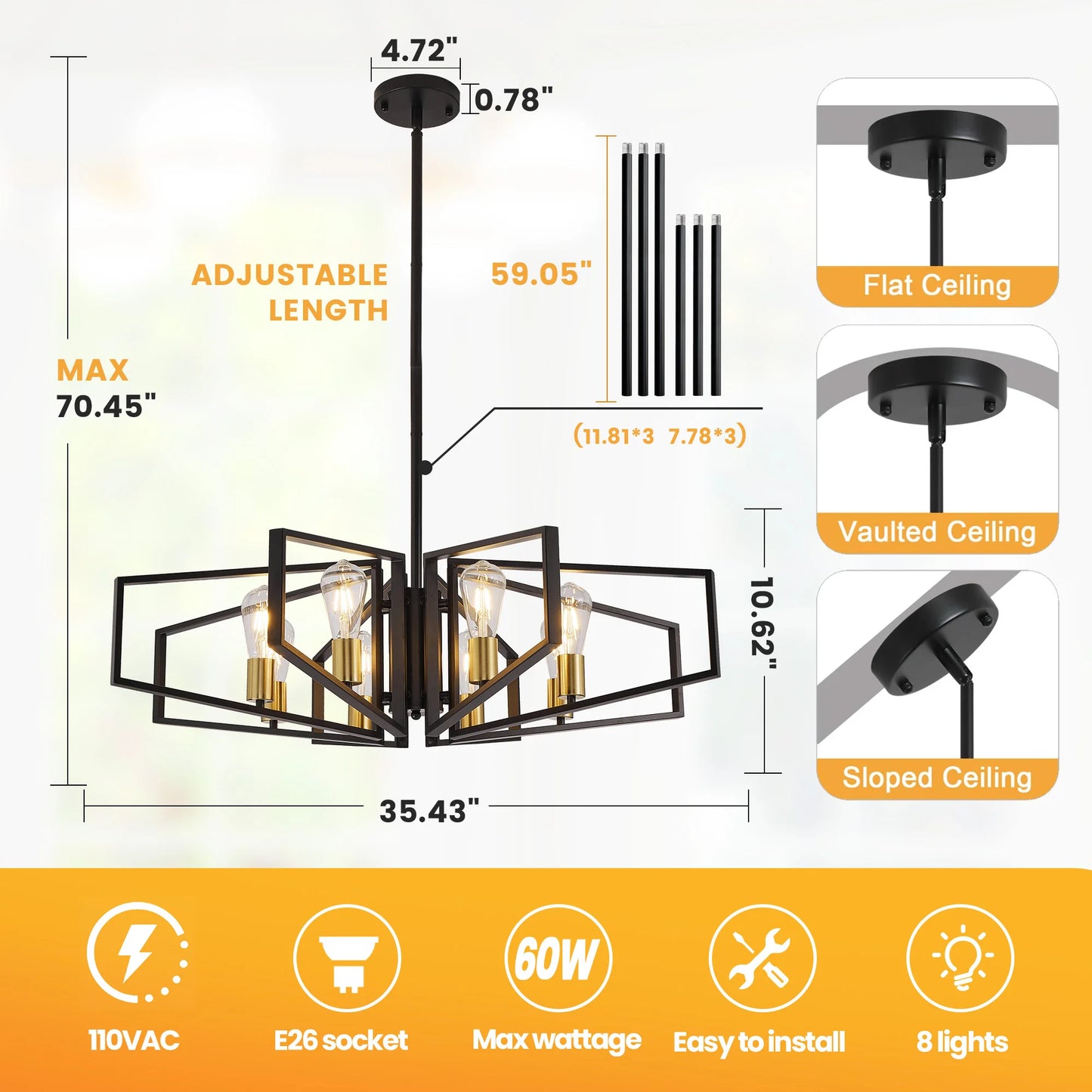 Modern 8 Light Geometric Metal Chandelier With Adjustable Height Pendant
