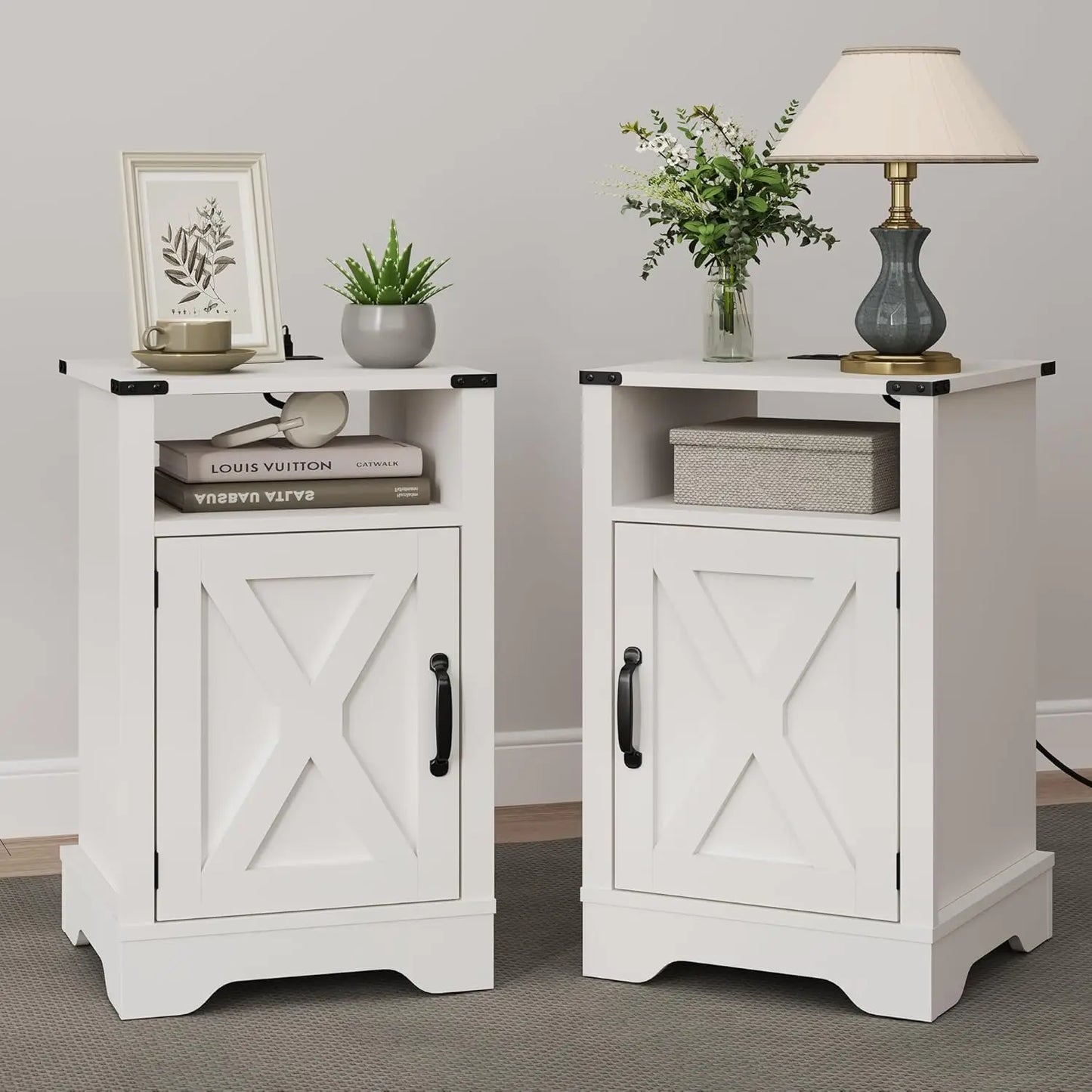 Farmhouse Nightstand Set Of 2 With Charging Station And Storage