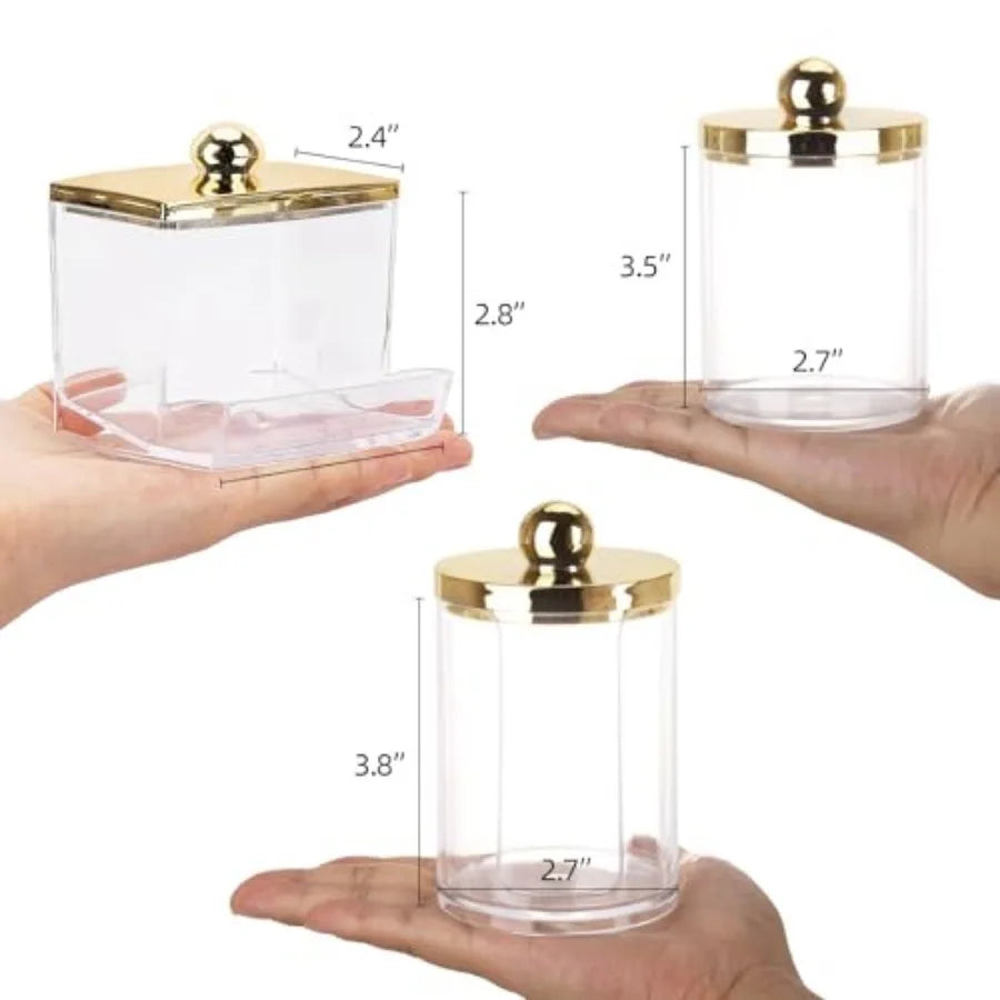 3 Pack Q Tips Dispenser Set For Bathroom Organization With Gold Lids
