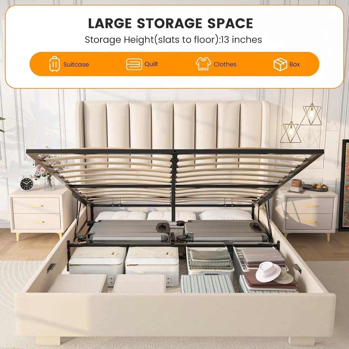 Lift Up Storage Bed Frame With Velvet Wingback Headboard