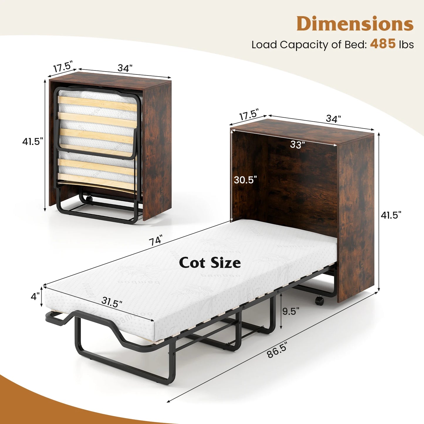 HOMASIS Foldable Murphy Bed With Storage Rolling Cabinet