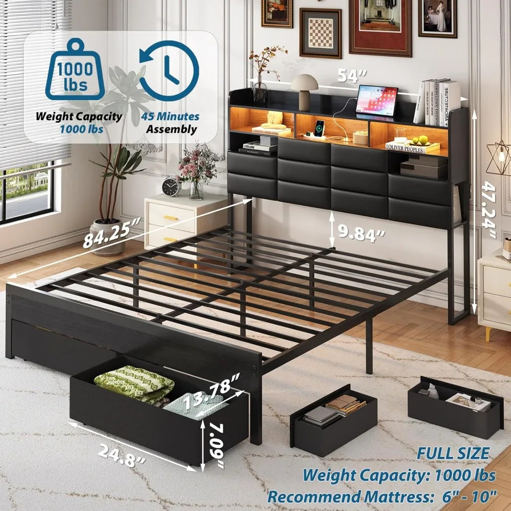 Bed Frame With Storage Headboard And Four Drawers With Charging