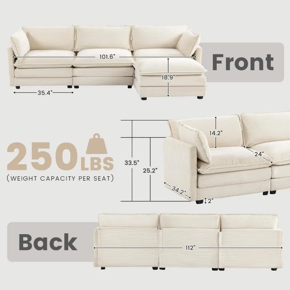 Combination Modular Sectional Sofa With Movable Ottoman L Shape Corduroy