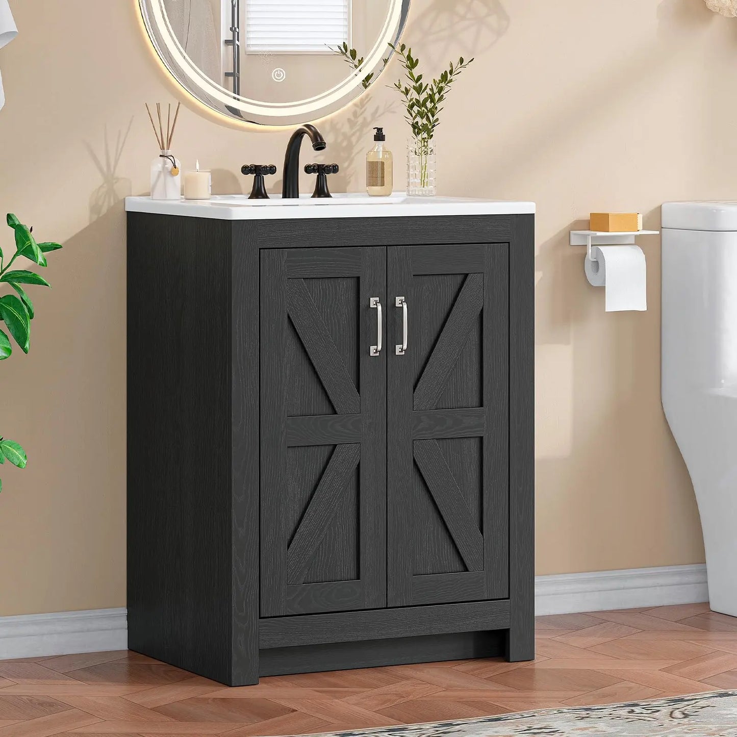 Farmhouse Bathroom Vanity With Sink Ceramic Basin Wood Cabinet