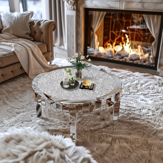 Mirrored Coffee Table With Crystal Inlay Modern Round Living Room