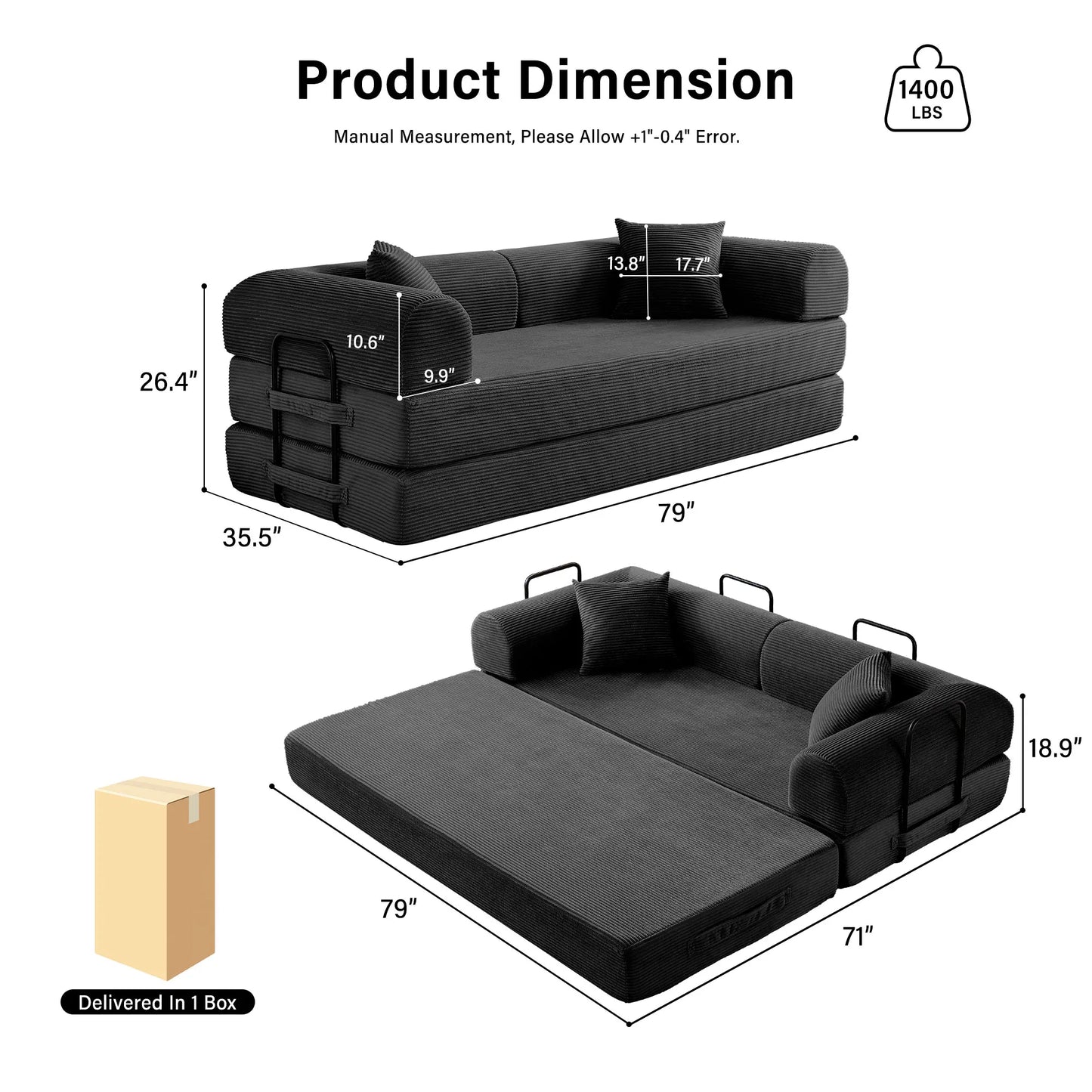 Convertible Sofa Bed With L-Shaped Armrests For Living Room