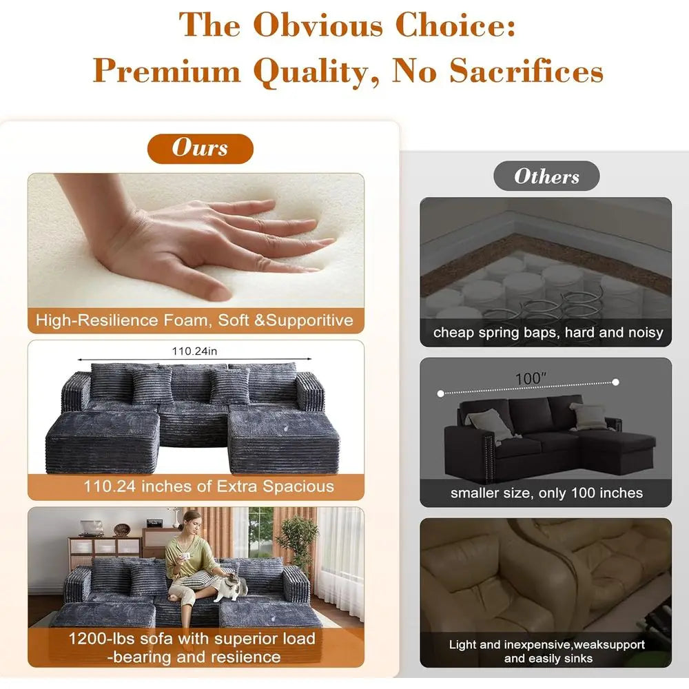 Corduroy Sectional Sofa With Two Ottomans Convertible Cloud Couch