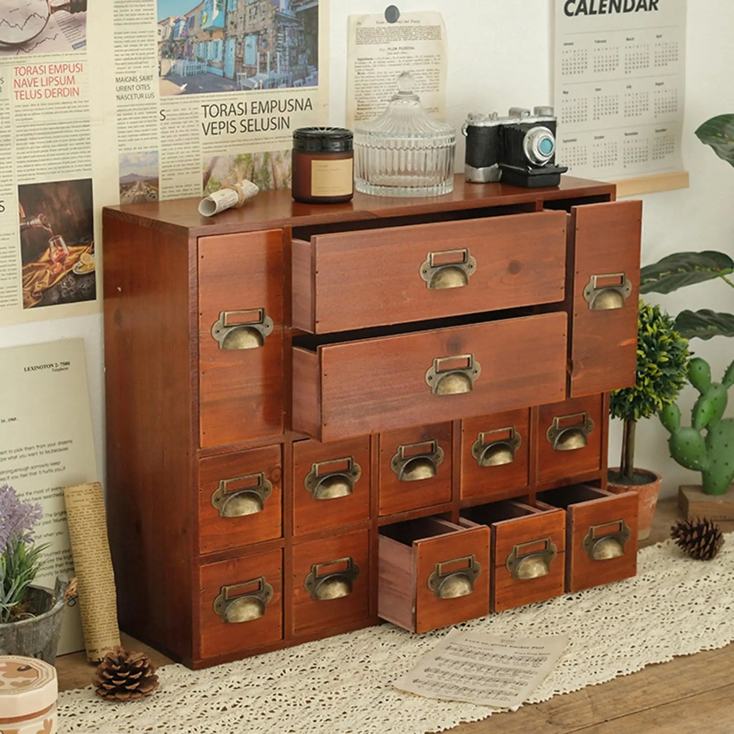 Bymaocar Apothecary Card Catalog Cabinet With 14 Drawers For Desktop