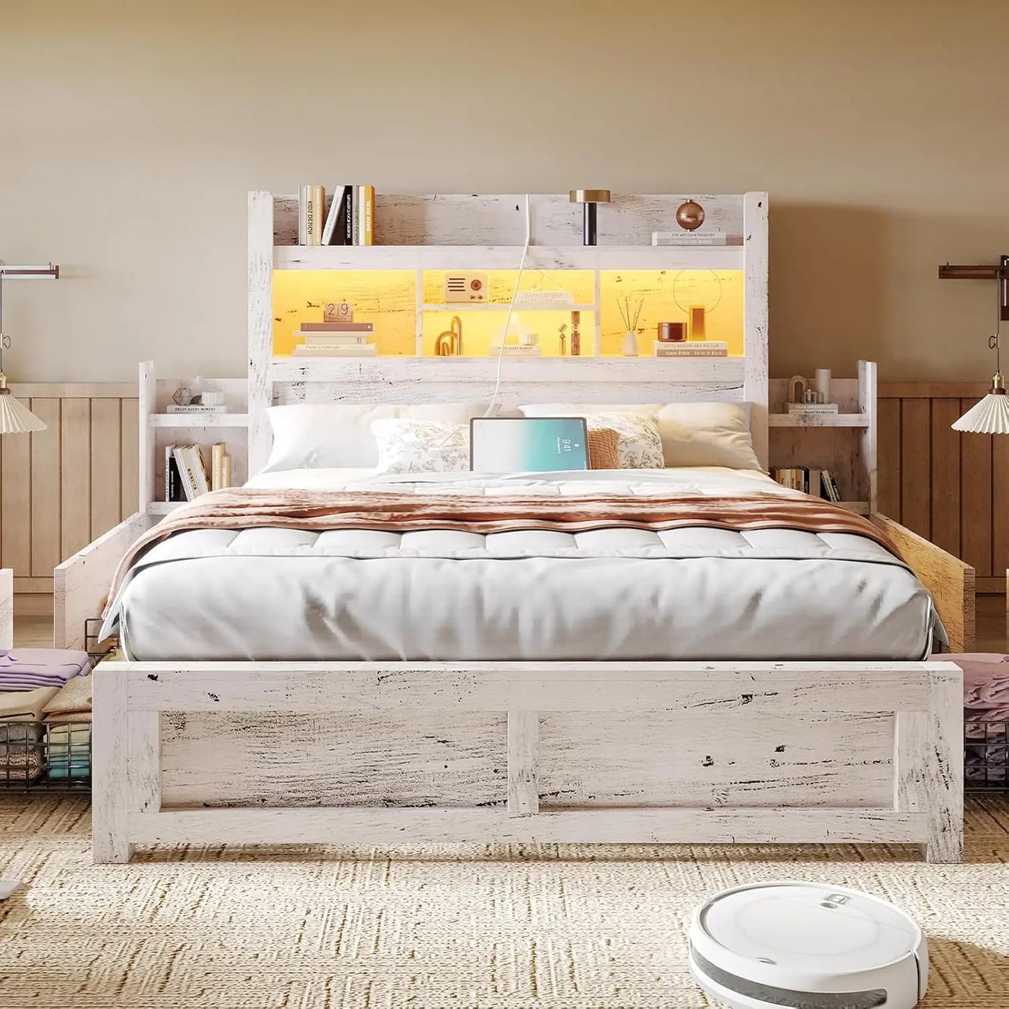Bed Frame With Bookcase Headboard Farmhouse Wood Detachable Storage Drawers