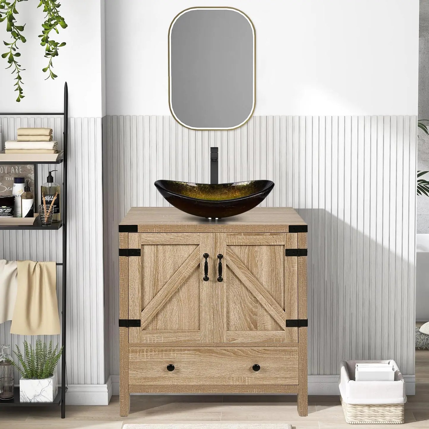 Rustic Bathroom Vanity With Pedestal Cabinet And Vessel Sink