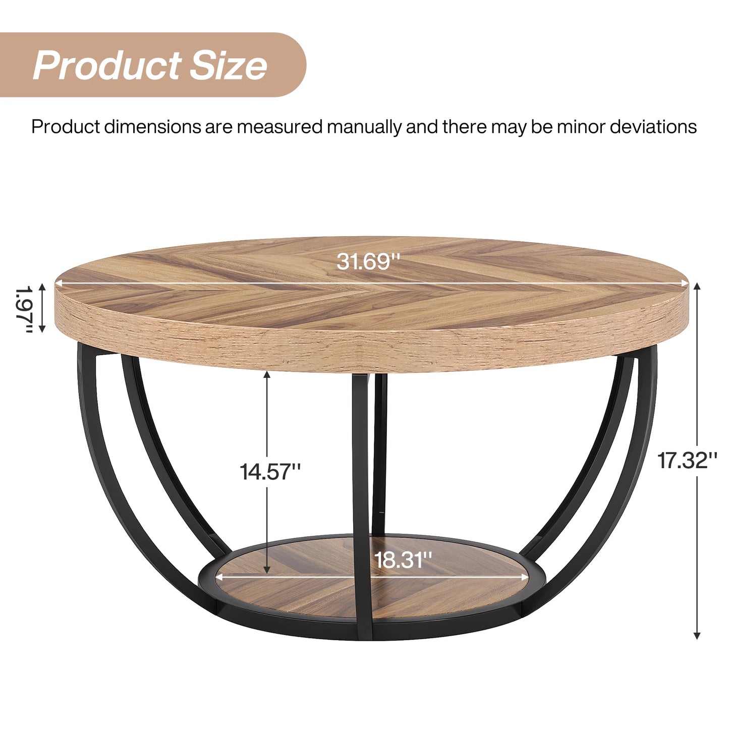 Tribesigns Round Coffee Table Industrial 2 Tier With Storage Shelves