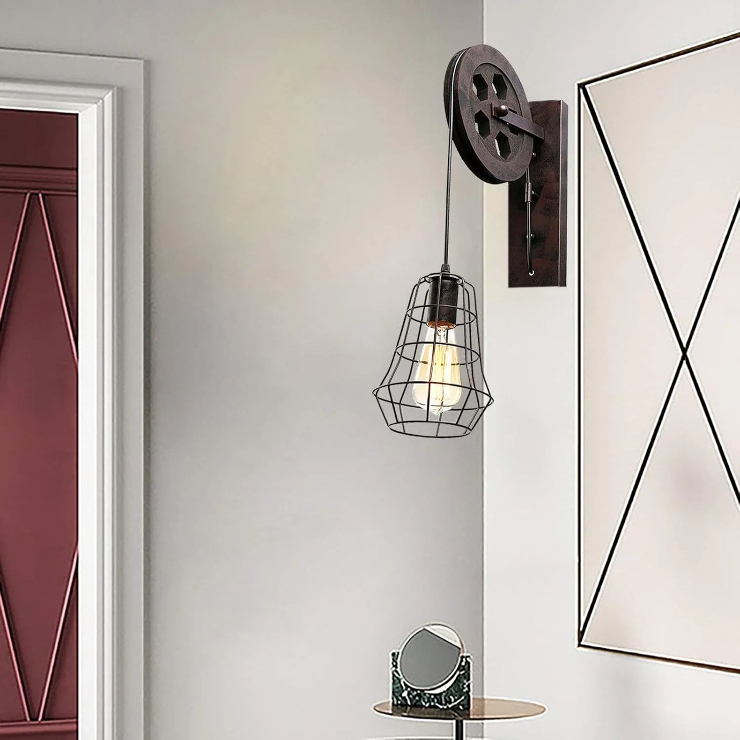 Bymaocar Industrial Wall Sconce With Pulley Iron Cage Lampshade