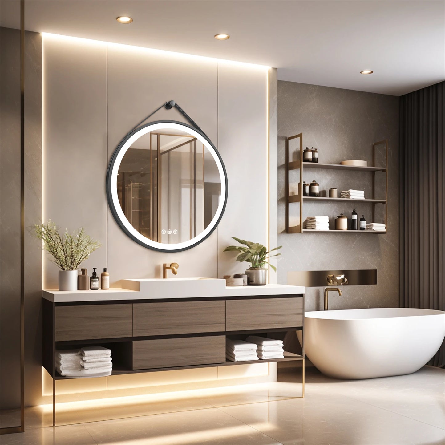 Round LED Bathroom Mirror Wall Hanging Frontlit Vanity Makeup Mirror Anti Fog