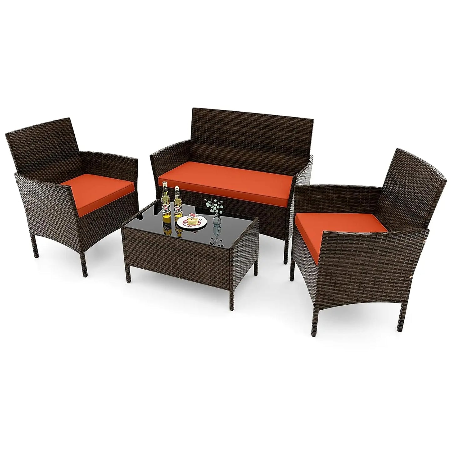 Rattan Outdoor Patio Conversation Set With Cushions And Glass Coffee Table