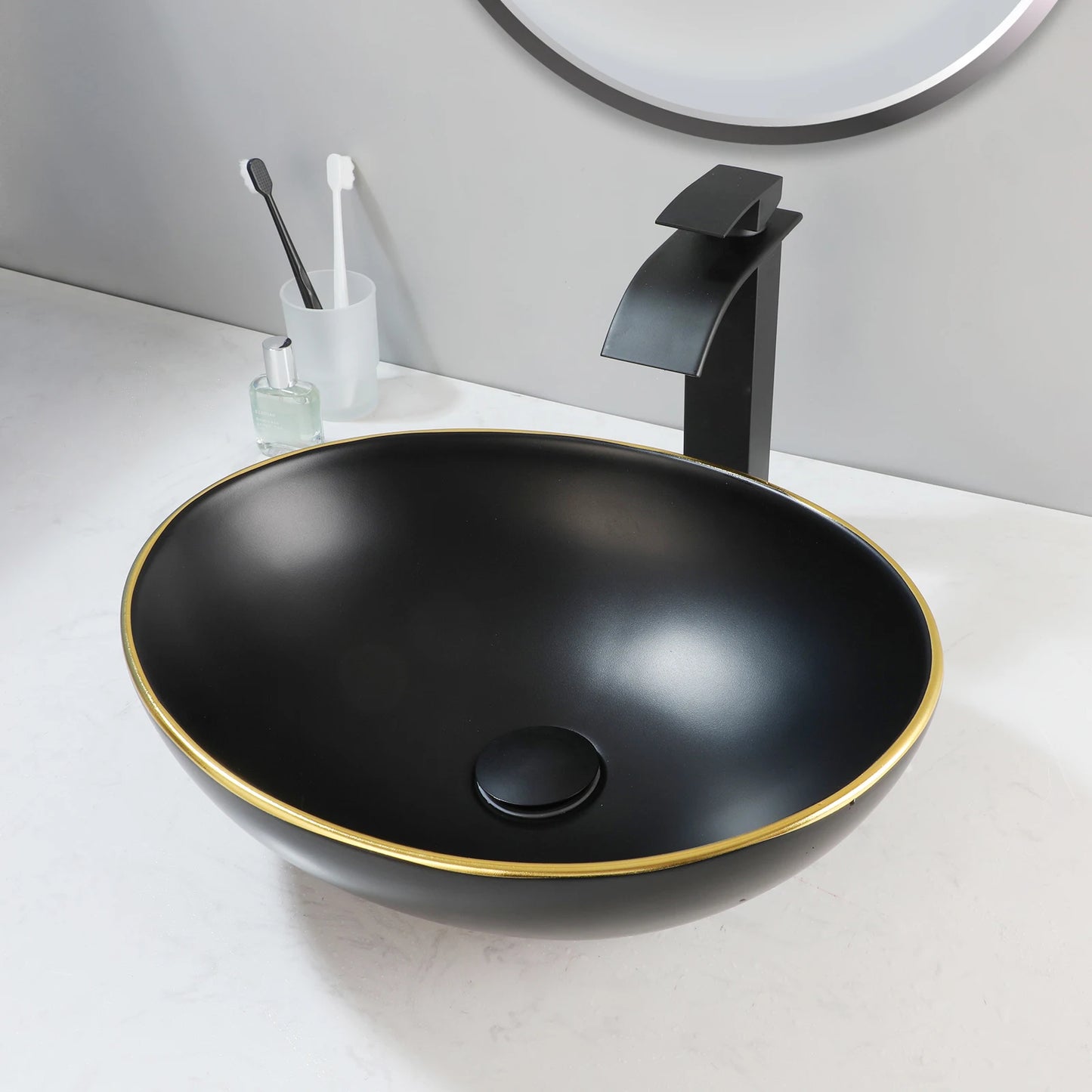 YANKSMART Ceramic Vessel Sink Oval Above Counter With Faucet Drain