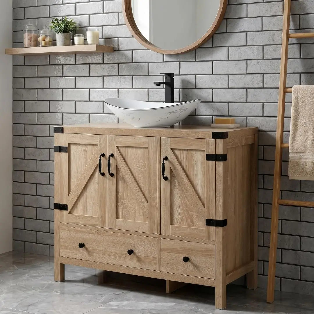 Minimalist Engineered Wood Bathroom Vanity With White Ceramic Sink