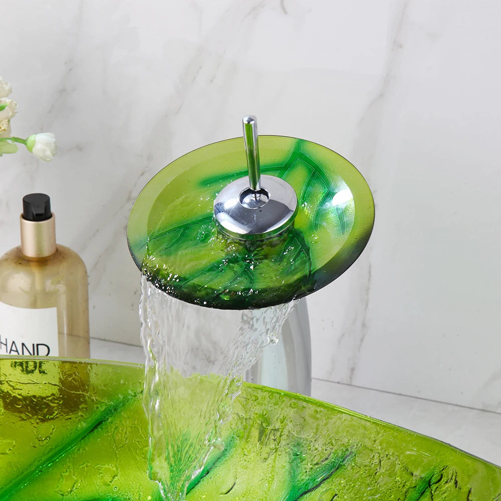 YANKSMART Leaf Shape Glass Vessel Sink With Waterfall Faucet