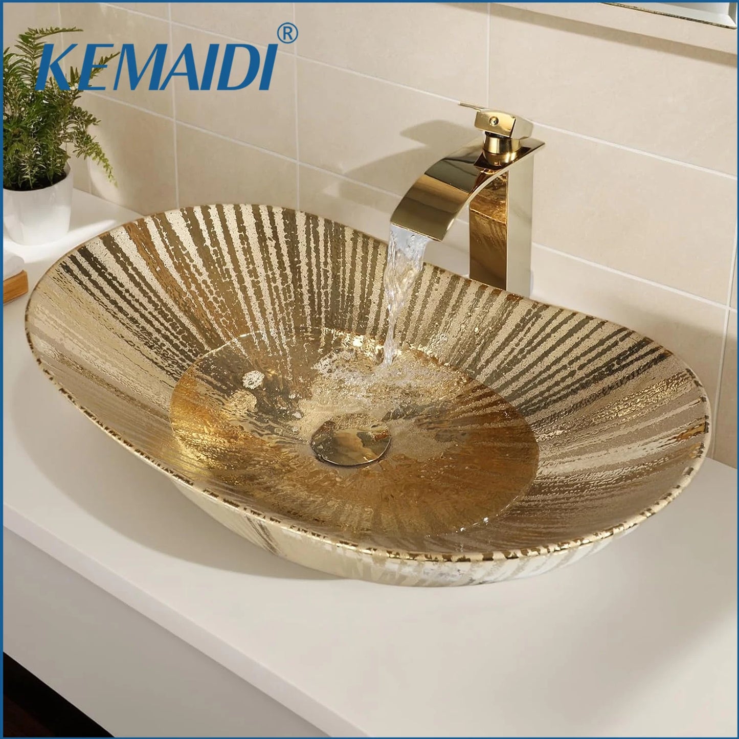 MEKKHALA KEMAIDI Vessel Sink Faucet And Drain Set Oval Ceramic