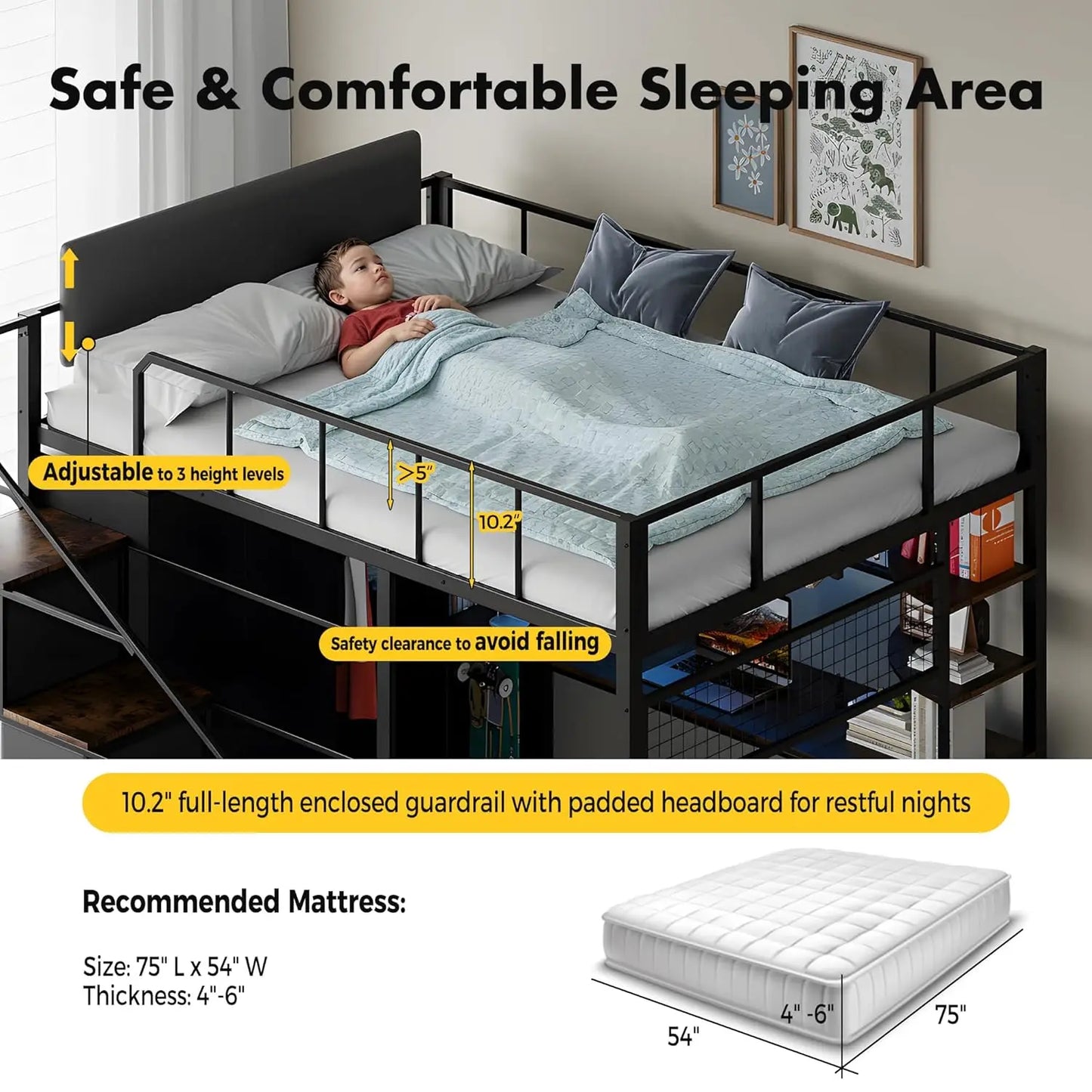 Loft Bed With Desk Stairs LED Gaming Frame Guardrail And Storage