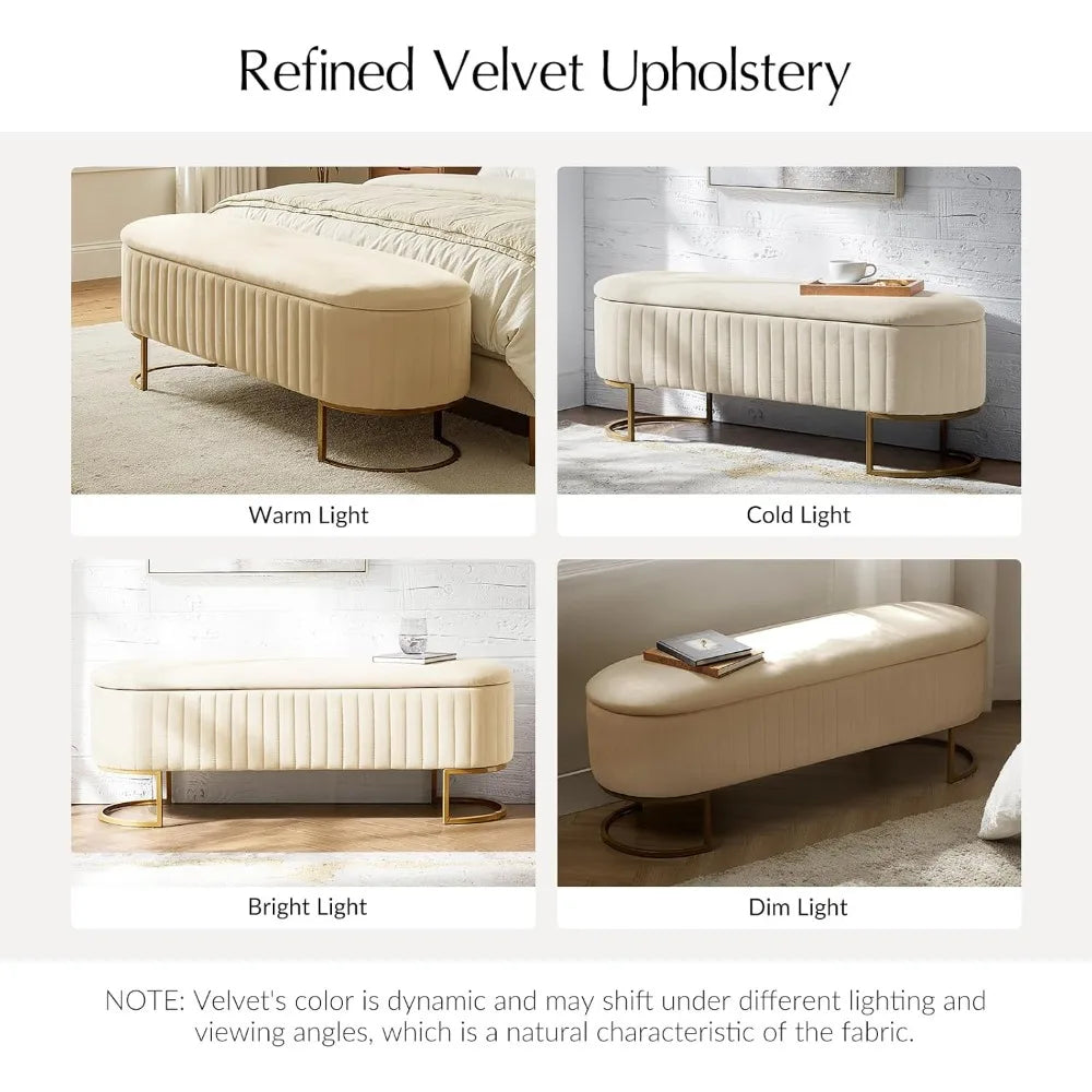 Storage Bench Ottoman With Velvet Upholstery And Flipping Lid Entryway Footrest