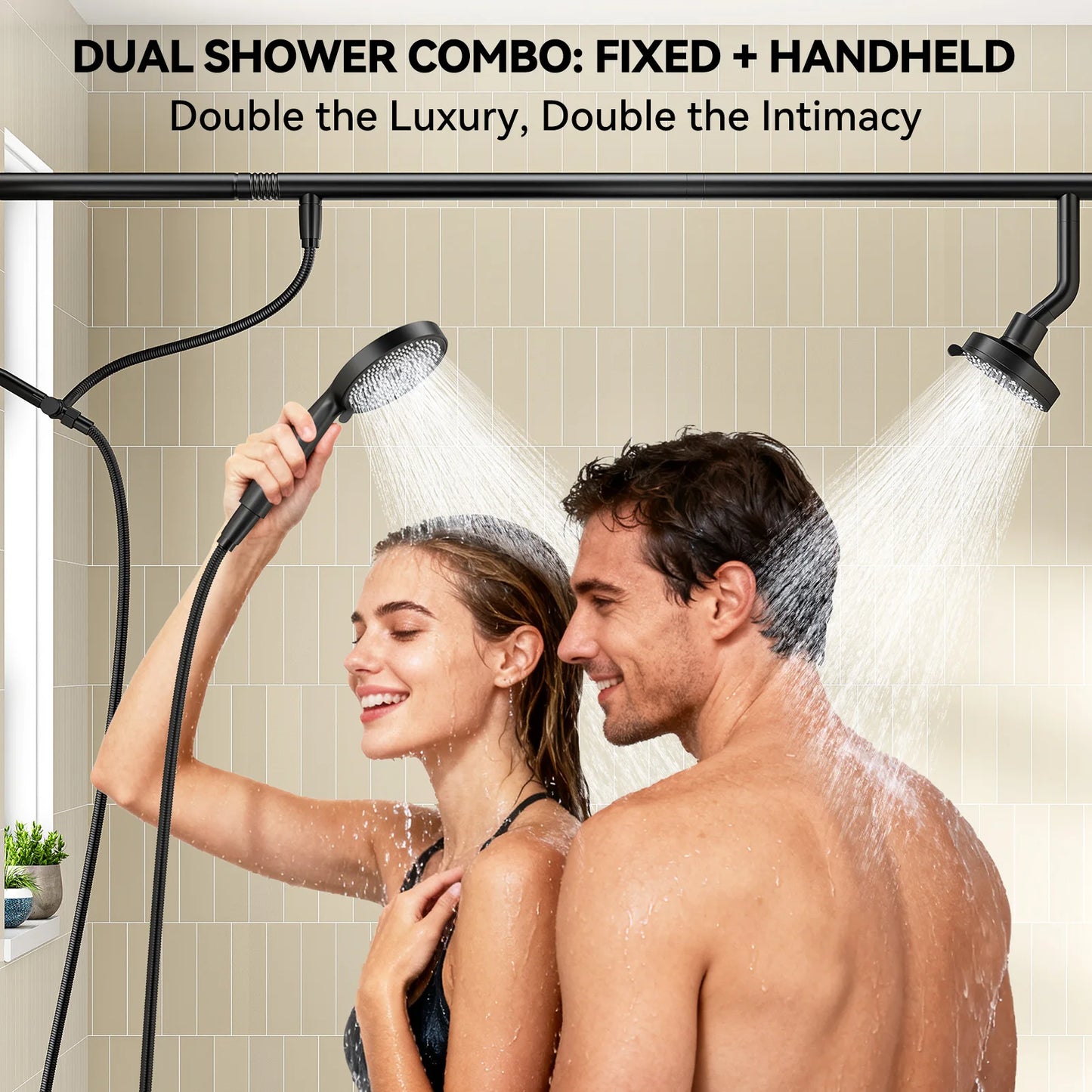 Tandem Double Shower Head for Couples With Handheld Stainless Steel