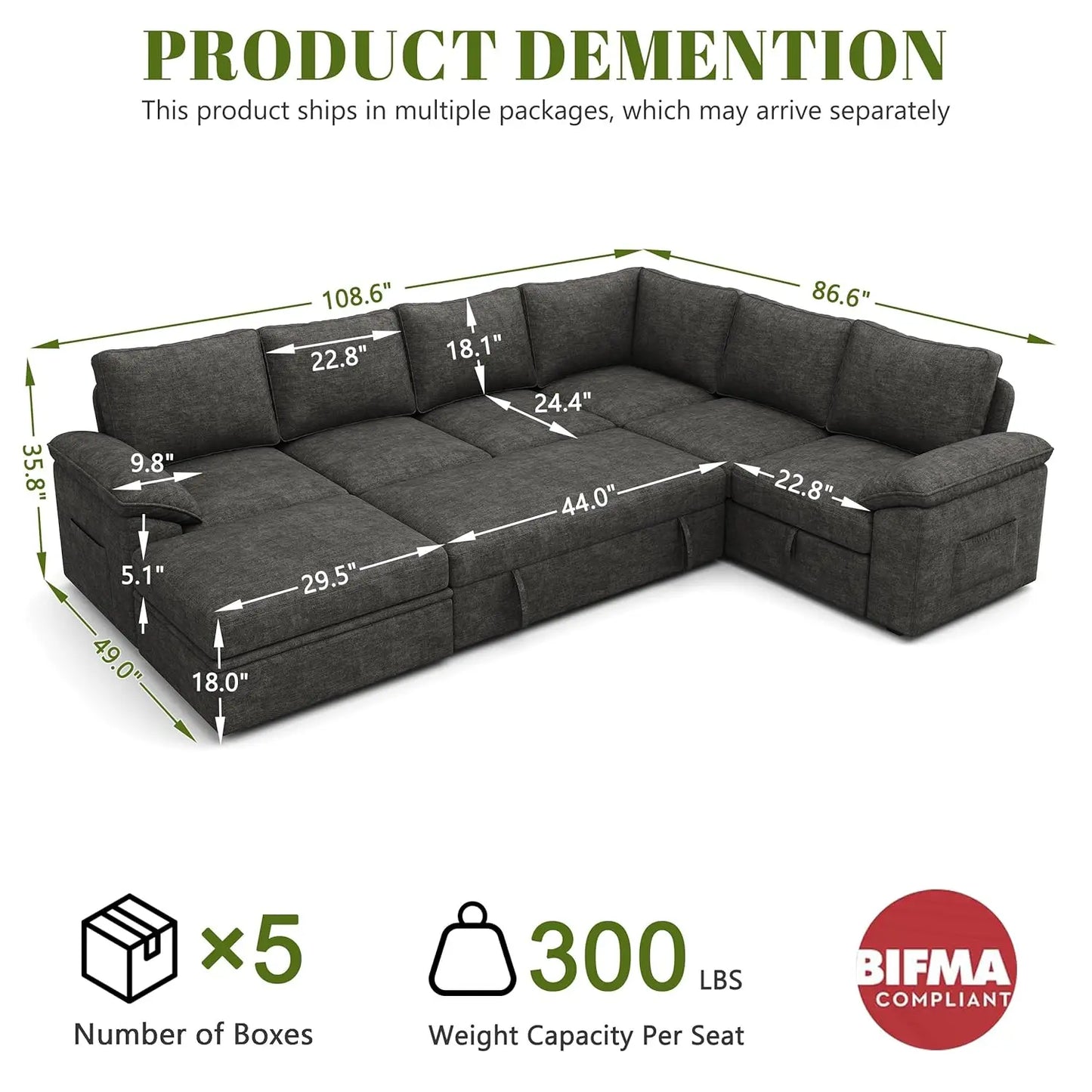 Modular U Shaped Sectional Sleeper Sofa With Storage