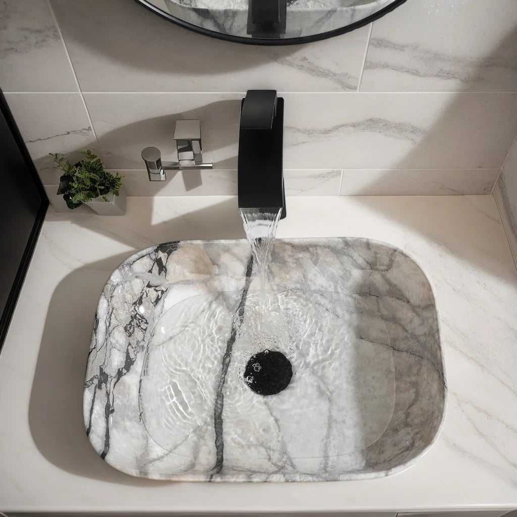 MEKKHALA Marble Pattern Ceramic Bathroom Vessel Sink Set Shape Basin