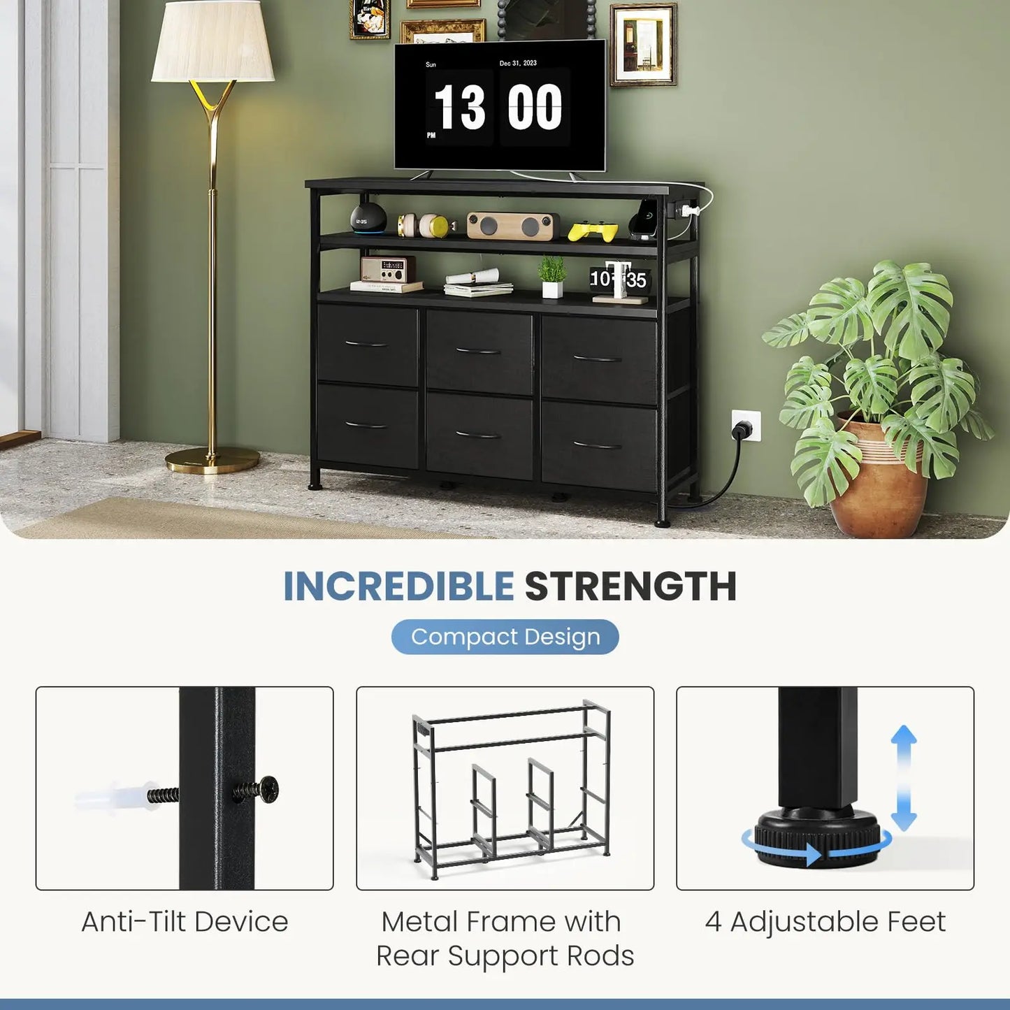 JHK TV Stand Dresser With Six Fabric Drawers Wood Top Living Room Console