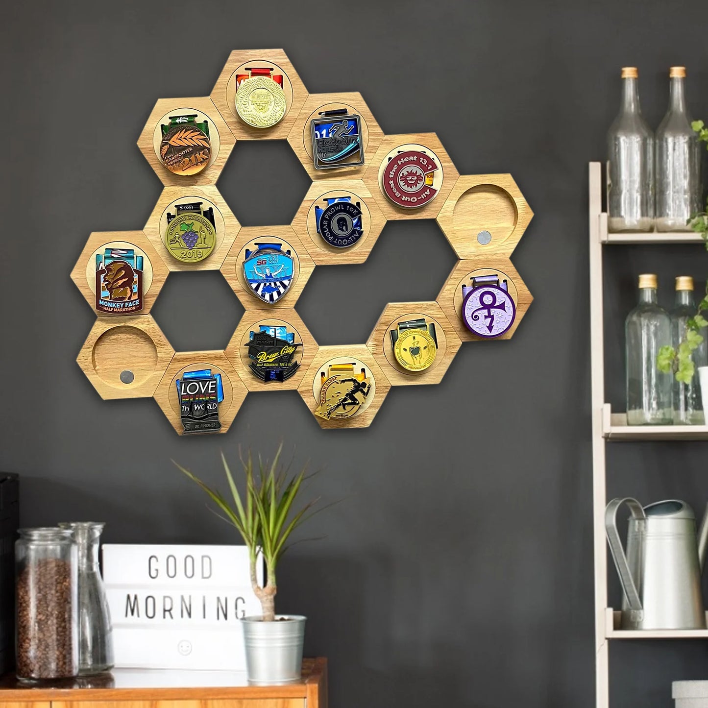 Hexagonal Honeycomb Wooden Medal Display Stand For Sports Track And Field