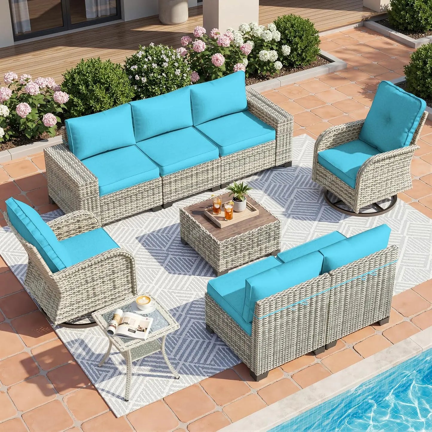Outdoor 9 Piece Rattan Patio Furniture Set With Rocking Swivel Chairs